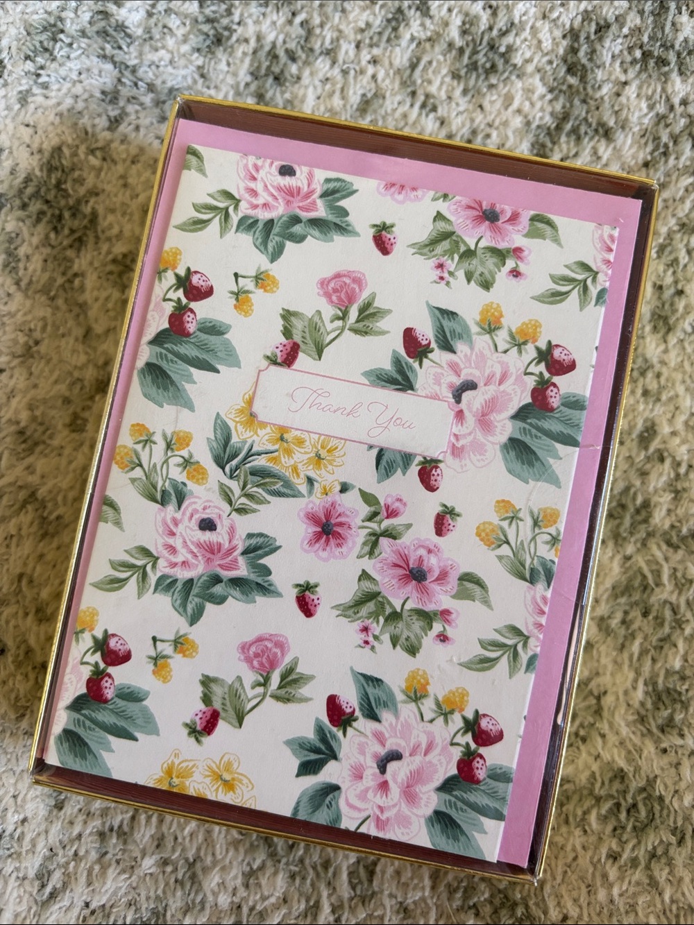 Graphique Floral Pink Strawberry Thank You Note Card Set of 16 NWT 4x5.25x1.5”